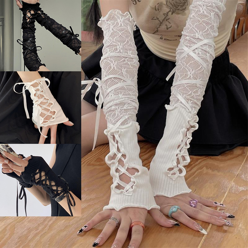 Women Lace‑Up Fingerless Arm S - Fingerless Glove Knit บทวิจารณ์และราคา