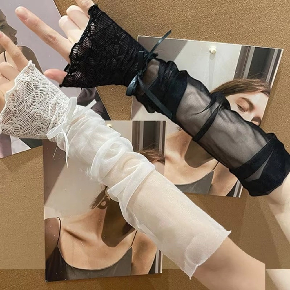 Y2K Lace Ruffle Mesh Gloves Sh - Fingerless Glove Knit บทวิจารณ์และราคา