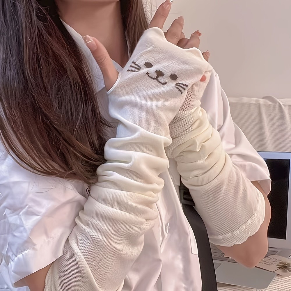 1 Pair Cute Cat Print Arm Cove - Fingerless Glove Knit บทวิจารณ์และราคา