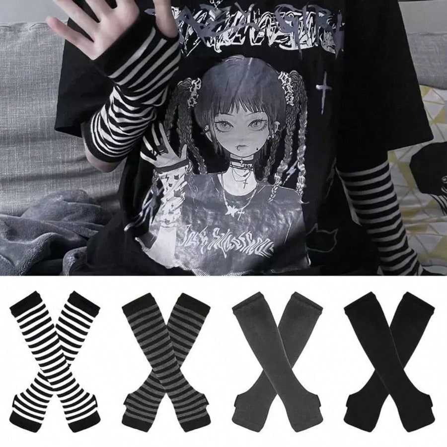 1 Pair Y2K Punk Striped Knitte - Fingerless Glove Knit บทวิจารณ์และราคา