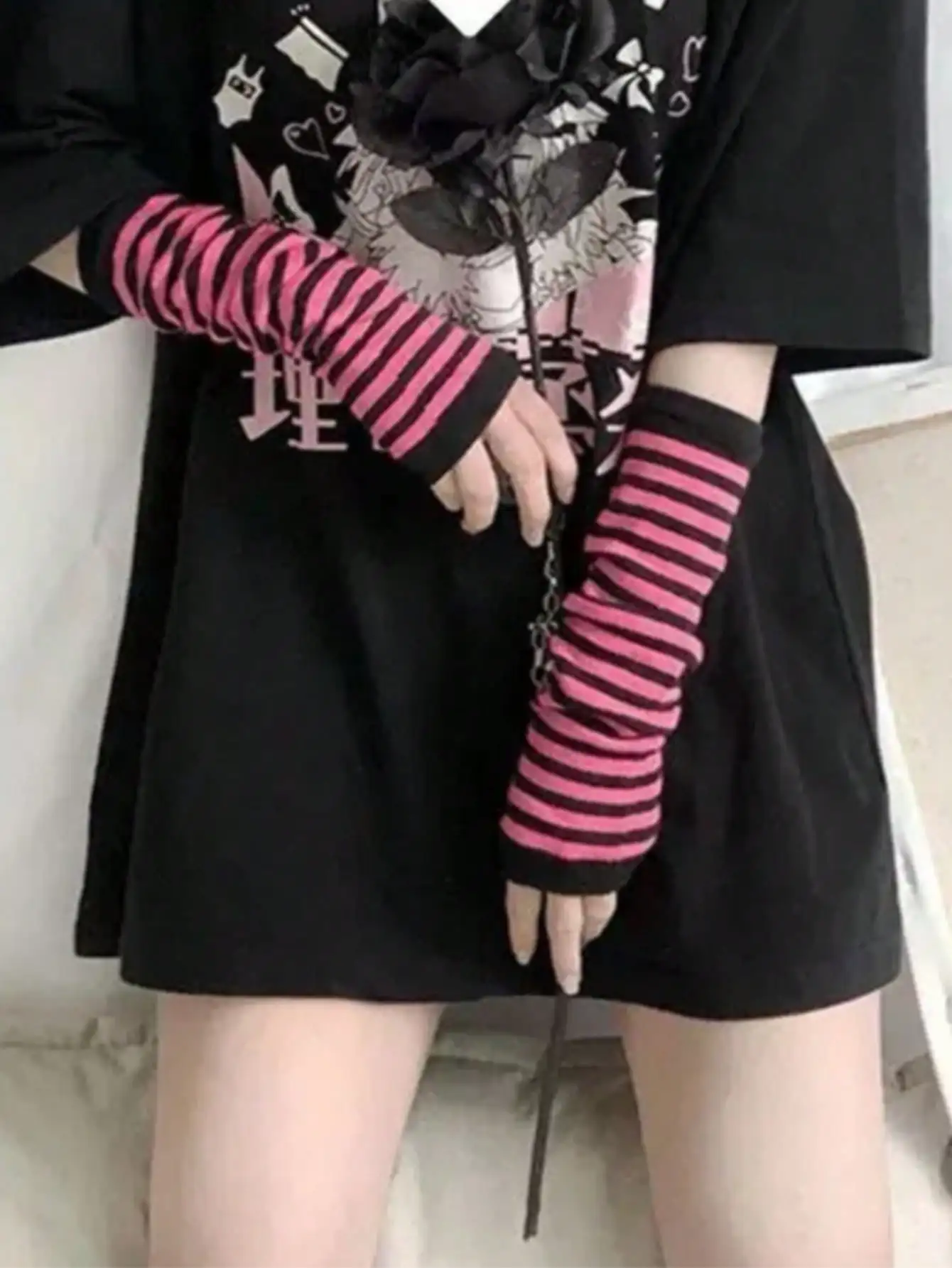 1 Pair Y2K Punk Striped Knitte - Fingerless Glove Knit บทวิจารณ์และราคา