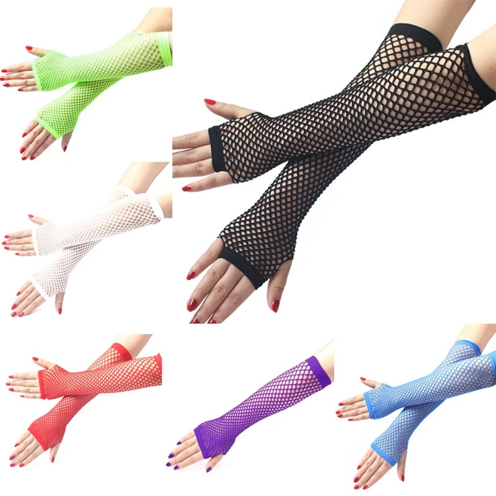 Women Neon Fishnet Long Finger - Fingerless Glove Knit บทวิจารณ์และราคา