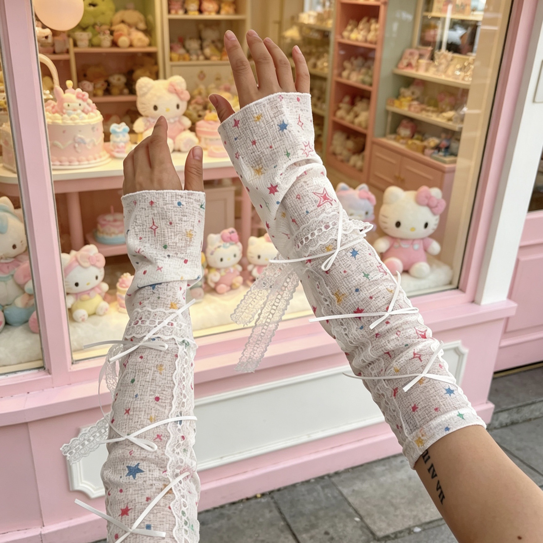Kawaii Star Print Lace Arm Sle - Fingerless Glove Knit บทวิจารณ์และราคา