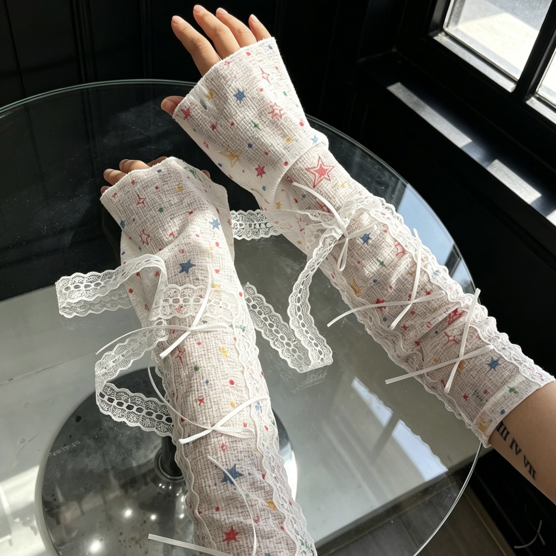 Kawaii Star Print Lace Arm Sle - Fingerless Glove Knit บทวิจารณ์และราคา